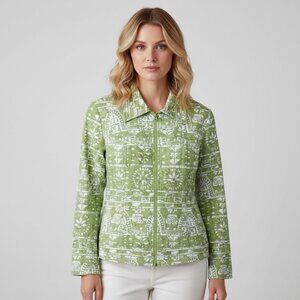 Clara Sun Woo Green Printed Zip-Front Jacket Size XL Stretch Cotton Blend